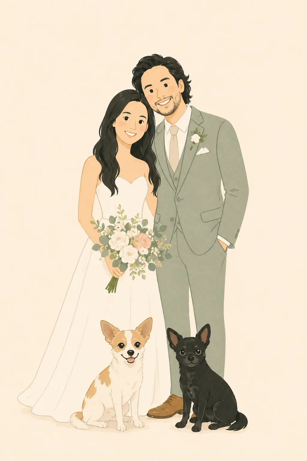 Illustration of Lisa and Steven with their dogs Zorro and Chaparro